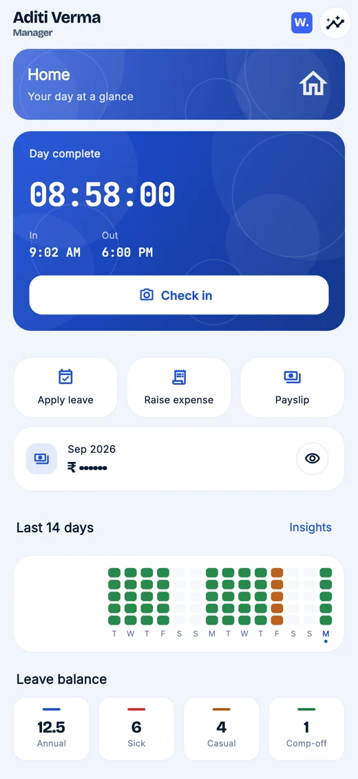 The WebHR mobile app home: today's hours, check in, leave and payslip